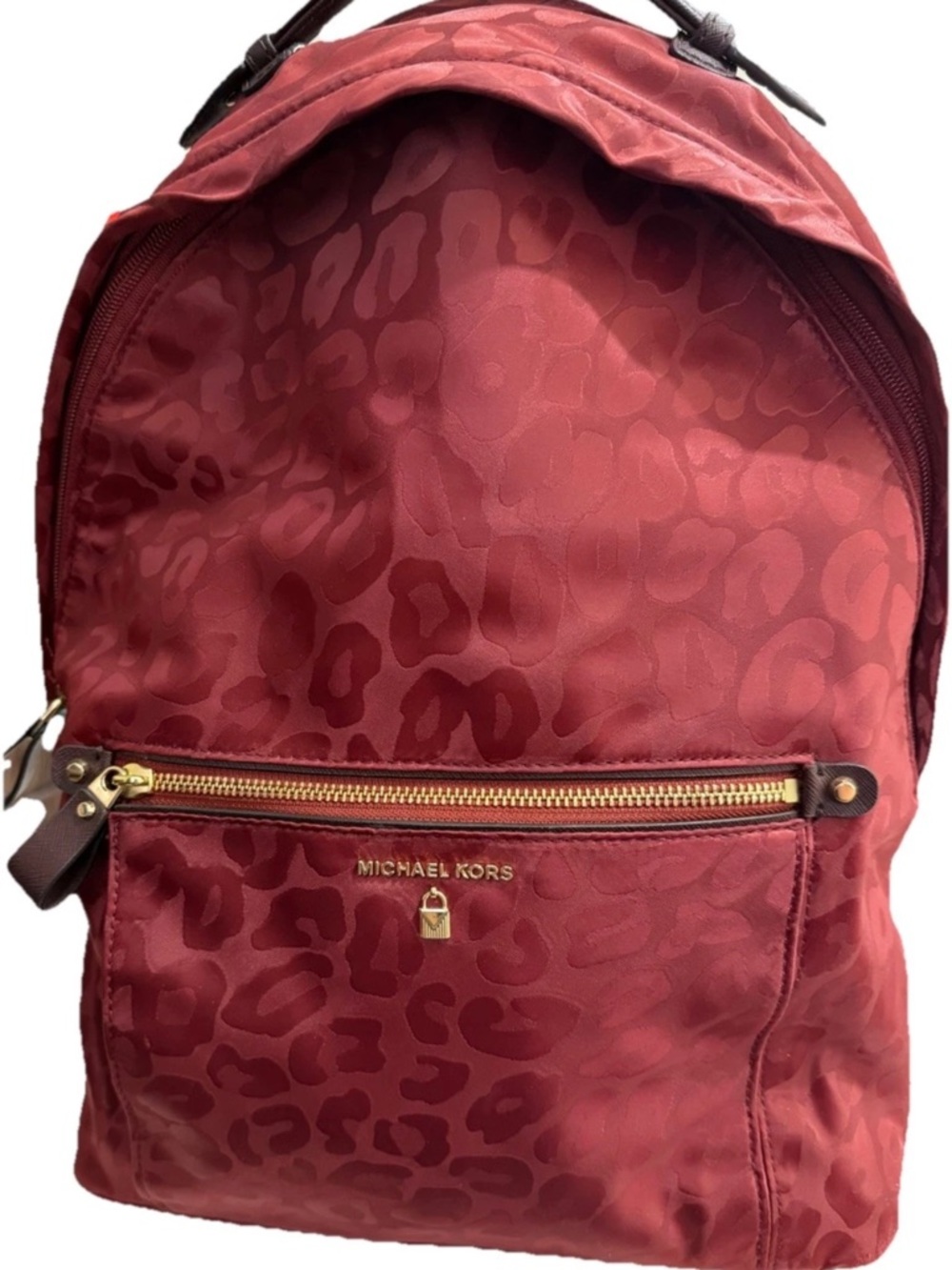 Michael Kors Bordeaux Red Animal Print Backpack Logo Zipper Gold Hardware